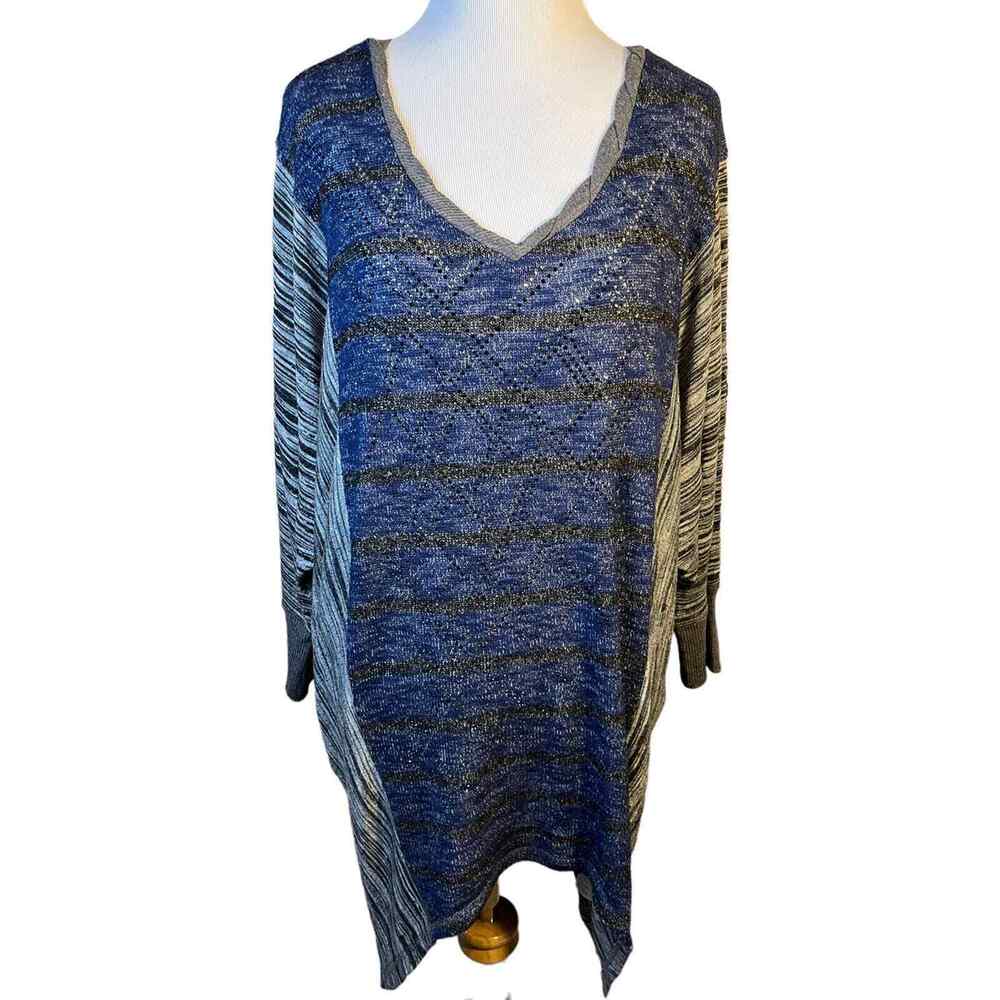 Miss Me Womens Large Rhinestone Striped V Neck Dolman Tunic Sweater Top